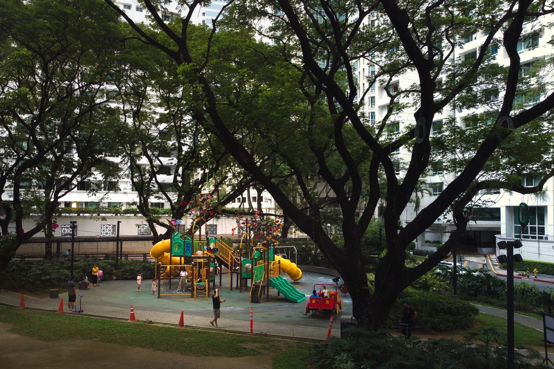 A playground under rain trees with residential towers behind