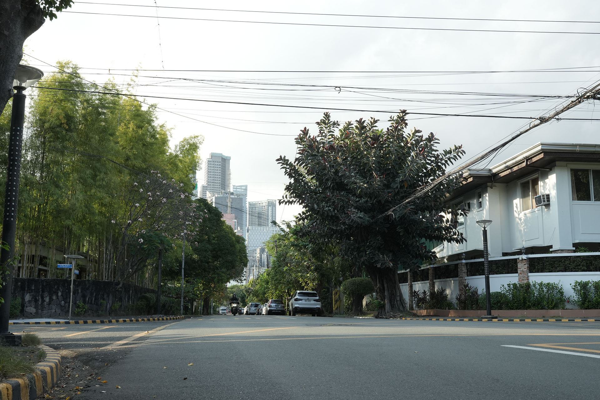 A village street with the towers of the business district behind the trees